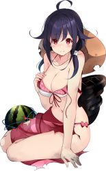 Rule 34 | 1girl, bikini, black hair, food, fruit, full body, hat, kantai collection, kujou ichiso, long hair, official art, print sarong, red eyes, red sarong, ryuuhou (kancolle), ryuuhou kai ni (kancolle), sarong, solo, sun hat, swimsuit, taigei (kancolle), torn clothes, torn sarong, transparent background, watermelon