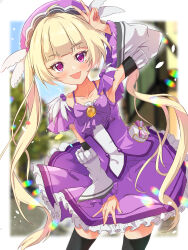 1boy absurdres blonde_hair bow bowtie commission detached_sleeves frilled_skirt frills hat highres hime_cut long_hair looking_at_viewer magical_girl open_mouth pixiv_commission princess_connect! purple_bow purple_bowtie purple_eyes skirt smile taki_(takimon) thighhighs trap v yuki_(princess_connect!)