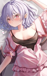 Rule 34 | 1girl, absurdres, black camisole, blush, breasts, camisole, clothes pull, curly hair, demon wings, embarrassed, facing to the side, frilled shirt, frills, frown, hair between eyes, heart, highres, looking at viewer, looking up, lying, mahoro (minase mahoro), medium breasts, medium hair, nervous, on back, on bed, pink shirt, pink skirt, purple hair, red eyes, remilia scarlet, see-through, shirt, shirt pull, short sleeves, skirt, solo, spaghetti strap, spoken heart, touhou, upper body, vampire, wings