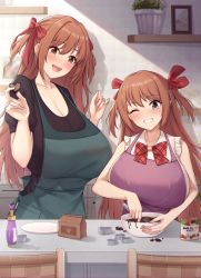 Rule 34 | 2girls, :d, absurdres, apron, blue eyes, bottle, breasts, brown eyes, brown hair, candy, chocolate, chocolate heart, cleavage, commentary request, dual persona, food, green apron, hair ribbon, hands up, heart, highres, holding, holding chocolate, holding food, huge breasts, indoors, kannko bokujou, kitchen, long hair, looking at another, multiple girls, nozomi (princess connect!), nozomi (real) (princess connect!), one eye closed, open mouth, perfume bottle, princess connect!, purple apron, red ribbon, ribbon, smile, two side up, valentine
