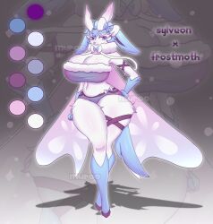 Rule 34 | animal ears, antenna hair, blue hair, breasts, cleavage, creatures (company), fluffy, frosmoth, fur collar, furry, furry female, game freak, gen 6 pokemon, gen 8 pokemon, hair ribbon, hand on own hip, high heels, highres, huge breasts, looking at viewer, midriff, muroo png, navel, nintendo, pokemon, pokemon (creature), ribbon, santa costume, short hair, smile, sylveon, tail, thick thighs, thighs, white fur, wide hips, wings