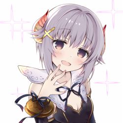 Rule 34 | 10s, 1girl, :d, blush, breasts, cleavage cutout, clothing cutout, granblue fantasy, hair ornament, hairclip, horns, idolmaster, idolmaster cinderella girls, kanora, koshimizu sachiko, light purple hair, looking at viewer, open mouth, purple eyes, short hair, simple background, small breasts, smile, solo, upper body, white background, x hair ornament
