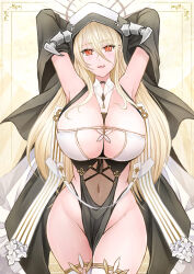 Rule 34 | 1girl, :q, absurdres, armpits, arms up, azur lane, blonde hair, blush, breasts, covered navel, cowboy shot, cross, habit, highres, hip bones, horns, implacable (azur lane), large breasts, long hair, looking at viewer, nun, pelvic curtain, red eyes, sai-go, smile, solo, thighhighs, thighs, tongue, tongue out, white thighhighs