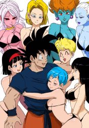 Rule 34 | 1boy, 6+girls, android 18, android 21, ass, bikini, black bikini, black hair, black sclera, blonde hair, blue eyes, blue hair, blue skin, breasts, brown hair, bulma, cleavage, colored sclera, colored skin, dragon ball, dragon ball super, dragonball z, front-tie bikini top, front-tie top, hairband, harem, hebihime (dragon ball), highres, large breasts, mai (dragon ball), matching outfits, mature female, mother and daughter, multiple girls, panchy, parted lips, pink skin, pointy ears, smile, son goku, swimsuit, thong, underboob, vados (dragon ball), videl, white hair