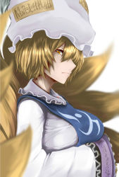 Rule 34 | 1girl, animal hat, blonde hair, blurry, breast hold, breasts, depth of field, dress, fox tail, hachachi, hands in opposite sleeves, hat, highres, kitsune, kyuubi, large breasts, long sleeves, looking at viewer, mob cap, multiple tails, profile, short hair, solo, tabard, tail, tassel, touhou, upper body, white dress, wide sleeves, yakumo ran, yellow eyes