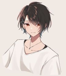 Rule 34 | 1boy, alternate hairstyle, black tank top, brown hair, closed mouth, earrings, ensemble stars!, facing viewer, grey background, grey shirt, hairpin, highres, jewelry, looking at viewer, looking to the side, male focus, multiple hairpins, necklace, red eyes, rimua (shiroru), sakuma ritsu, shirt, short hair, smile, solo, tank top