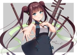 Rule 34 | 1girl, aqua eyes, armpits, bare arms, bare shoulders, black dress, blunt bangs, blush, breasts, brown hair, closed mouth, double bun, dress, fate/grand order, fate (series), hair bun, hair ornament, hand on own chest, katsuki natsu, long hair, looking at viewer, medium breasts, open hand, outstretched hand, sidelocks, smile, solo, twintails, very long hair, yang guifei (fate), yang guifei (first ascension) (fate)