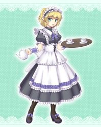 Rule 34 | 1girl, alternate costume, apron, black dress, black pantyhose, blonde hair, corset, cup, dress, enmaided, female focus, green eyes, hairband, high heels, isaki (gomi), lolita hairband, looking at viewer, maid, maid apron, mizuhashi parsee, open mouth, pantyhose, pointy ears, ponytail, puffy sleeves, shoes, short sleeves, solo, teacup, teapot, touhou, tray, wrist cuffs