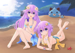 Rule 34 | 2girls, adult neptune, armband, bare shoulders, barefoot, beach, bracelet, breasts, cleavage, closed mouth, dogoo, feet, flat chest, hair ornament, hairclip, hayashiki0404, jewelry, large breasts, long hair, multiple girls, navel, neptune (neptunia), neptune (series), open mouth, outdoors, purple eyes, purple hair, short hair, small breasts, soles, swimsuit, toes