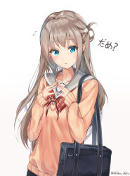 Rule 34 | 1girl, absurdres, aqua eyes, bad id, bad pixiv id, bag, bear hair ornament, blush, bow, bowtie, brown sweater, collarbone, duffel bag, fingers together, flying sweatdrops, grey hair, grey sailor collar, hair intakes, hair ornament, hands up, highres, long hair, long sleeves, looking at viewer, neiless neiro, one side up, original, parted lips, plaid, plaid bow, plaid bowtie, plaid neckwear, red bow, red bowtie, sailor collar, school bag, school uniform, sidelocks, simple background, solo, sweater, translation request, twitter username, upper body, white background