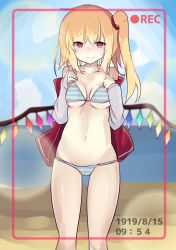 Rule 34 | 1girl, absurdres, bikini, blonde hair, blush, closed mouth, crystal, feet out of frame, flandre scarlet, furrowed brow, highres, long sleeves, looking at viewer, medium hair, ocean, one side up, red eyes, red vest, sand, smile, solo, standing, striped bikini, striped clothes, swimsuit, te toga, touhou, vest, white sleeves, wings