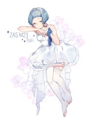 Rule 34 | 1girl, ahoge, alternate costume, arm ribbon, artist name, asymmetrical legwear, bare shoulders, blue hair, blue ribbon, blush, character name, collarbone, crown, dress, earrings, elbow rest, flower, girls&#039; frontline, gloves, hair ornament, hairband, hairclip, half-closed eyes, jewelry, leaning, looking at viewer, mini crown, nail polish, no shoes, orange eyes, own hands together, perri (mnemosine), ribbon, short hair, single earring, smile, sparkle, thighhighs, toenail polish, toenails, uneven legwear, white dress, white thighhighs, zas m21 (girls&#039; frontline)