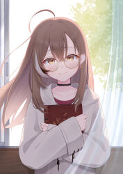 Rule 34 | 1girl, absurdres, against wall, ahoge, backlighting, book, brown-framed eyewear, brown eyes, brown hair, brown hoodie, casual, commentary, crossed bangs, curtains, day, foliage, glasses, grey hair, grey hoodie, highres, holding, holding book, hololive, hololive english, hood, hoodie, indoors, long hair, long sleeves, looking at viewer, multicolored hair, nanashi mumei, nanashi mumei (casual), official alternate costume, oversized clothes, puni (yuuki-0215), red shirt, ribbon-trimmed sleeves, ribbon trim, round eyewear, shirt, sleeves past wrists, smile, solo, streaked hair, t-shirt, transparent curtains, tree, upper body, virtual youtuber, wide sleeves, window, wooden wall