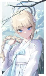 Rule 34 | 1girl, absurdres, alternate costume, alternate hairstyle, blonde hair, blue archive, blue hair, blue halo, blush, braid, chima (clothes), closed mouth, ddungddang, flower, halo, hanbok, highres, jeogori (clothes), korean clothes, long hair, long sleeves, looking at viewer, multicolored hair, single braid, solo, streaked hair, toki (blue archive), white flower