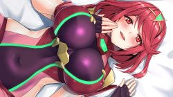 Rule 34 | 1girl, blush, breasts, fingerless gloves, gloves, hair ornament, highres, jewelry, large breasts, looking at viewer, lying, nintendo, on back, pyra (xenoblade), red eyes, red hair, short hair, smile, solo, swept bangs, tiara, whoosaku, xenoblade chronicles (series), xenoblade chronicles 2