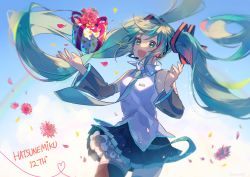 Rule 34 | 1girl, absurdres, aqua eyes, aqua hair, aqua nails, aqua necktie, bare shoulders, black skirt, black sleeves, black thighhighs, blue sky, box, character name, cloud, commentary, cowboy shot, detached sleeves, floating hair, flower, gift, gift box, grey shirt, hair ornament, hatsune miku, headphones, headset, highres, long hair, nail polish, necktie, omutatsu, open mouth, outstretched arms, outstretched hand, petals, rainbow, shirt, shoulder tattoo, skirt, sky, sleeveless, sleeveless shirt, smile, solo, tattoo, thighhighs, twintails, very long hair, vocaloid, zettai ryouiki