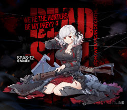 Rule 34 | 1girl, arm behind head, armor, axe, belt, black background, black ribbon, blood, blood drip, blood on clothes, blood on face, bloody weapon, braid, breastplate, breasts, character name, cleavage, combat shotgun, corset, crazy eyes, damaged, dress, dual-mode shotgun, elbow pads, flag, full body, girls&#039; frontline, gloves, gradient hair, greaves, grey dress, grey hair, gun, highres, holding, holding gun, holding weapon, large breasts, long hair, looking at viewer, multicolored hair, name connection, neck ribbon, official alternate costume, official art, plate armor, pouch, pump-action shotgun, pump action, red eyes, red hair, red ribbon, ribbon, semi-automatic firearm, semi-automatic shotgun, shield, shotgun, shotgun shell, sidelocks, sitting, slit pupils, smile, solo, spas-12, spas-12 (girls&#039; frontline), spas-12 (goblin huntress) (girls&#039; frontline), sword, terras, torn clothes, twintails, undone neck ribbon, wariza, weapon