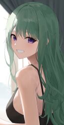 Rule 34 | 1girl, absurdres, bare shoulders, black tank top, breasts, curtains, from behind, green hair, grin, highres, large breasts, looking at viewer, looking back, messy hair, mito (dncs8244), purple eyes, smile, solo, tank top, virtual youtuber, vspo!, window, yakumo beni