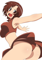Rule 34 | 1girl, ass, breasts, brown eyes, brown hair, large breasts, looking back, meiko (vocaloid), open mouth, simple background, smile, solo, toudori, upskirt, vocaloid