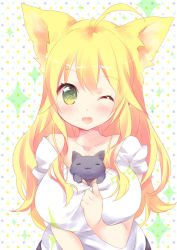 Rule 34 | 1girl, :3, ;d, = =, ahoge, animal ears, arms at sides, between breasts, blonde hair, breasts, cat, cat ears, collarbone, ech, green eyes, hair between eyes, large breasts, long hair, looking at viewer, one eye closed, open mouth, original, polka dot, polka dot background, smile, solo, upper body, wavy hair