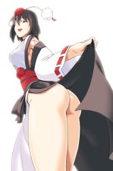 Rule 34 | 1girl, absurdres, ass, black hair, brown eyes, clothes lift, from below, hair ornament, highres, kagehito, lifted by self, long sleeves, open mouth, pom pom (clothes), presenting, shameimaru aya, short hair, simple background, skirt, skirt lift, smile, solo, touhou, two-tone dress, white background