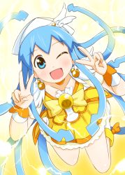 Rule 34 | 1girl, ;d, blue eyes, blue hair, bow, cosplay, cure peace, cure peace (cosplay), diesel-turbo, double v, dress, ikamusume, kanemoto hisako, long hair, one eye closed, open mouth, precure, voice actor connection, shinryaku! ikamusume, skirt, smile, smile precure!, v, wink, yellow bow, yellow dress, yellow skirt
