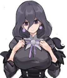 1girl @_@ alternate_breast_size black_hair breasts creatures_(company) dress game_freak hair_between_eyes hex_maniac_(pokemon) highres large_breasts long_hair looking_at_viewer messy_hair nintendo pokemon pokemon_legends:_z-a purple_eyes purple_hair rakeemspoon simple_background solo very_long_hair