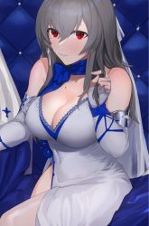 Rule 34 | 1girl, azur lane, blue scarf, blush, breasts, bridal gauntlets, cleavage, commentary request, covered navel, cross, cross earrings, dress, earrings, evening gown, grey hair, highres, jewelry, large breasts, mole, mole on body, mole under eye, official alternate costume, red eyes, sadiwosan, saint-louis (azur lane), saint-louis (holy knight&#039;s resplendence) (azur lane), saint-louis (holy knight&#039;s resplendence) (azur lane), scarf, sleeveless, sleeveless dress