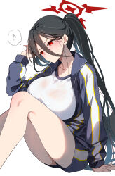 Rule 34 | 1girl, ariko youichi, black hair, black wings, blue archive, blush, breasts, breasts on lap, collarbone, commentary request, gym shirt, gym shorts, hair between eyes, halo, hand up, hasumi (blue archive), hasumi (track) (blue archive), huge breasts, jacket, long hair, long sleeves, official alternate costume, partially unzipped, ponytail, red eyes, red halo, shirt, shorts, simple background, sitting, solo, sweat, thought bubble, track jacket, translated, wet, wet clothes, wet shirt, white background, wings