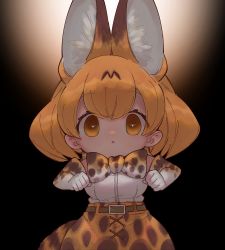 Rule 34 | 1girl, :o, absurdres, animal ear fluff, animal ears, belt, black background, black belt, bow, bowtie, breasts, chibi, clenched hands, elbow gloves, gloves, highres, kemono friends, looking at viewer, medium breasts, notora, open mouth, orange hair, serval (kemono friends), serval print, short hair, skirt, solo, traditional bowtie, triangle mouth