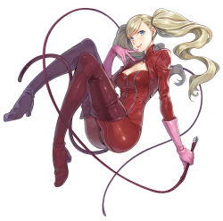 Rule 34 | 10s, 1girl, blonde hair, blue eyes, bodysuit, boots, breasts, cleavage, full body, gloves, hagure keg, long hair, persona, persona 5, pink gloves, red footwear, red thighhighs, solo, takamaki anne, thigh boots, thighhighs, tongue, twintails, whip, white background