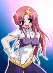 Rule 34 | 00s, 1girl, blue eyes, breasts, covered erect nipples, gloves, gundam, gundam seed, gundam seed destiny, hair ornament, hand on own hip, hip focus, leotard, meer campbell, open mouth, pink hair, smile, solo, star (symbol), star hair ornament, white gloves