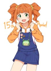 Rule 34 | 1girl, :d, absurdres, anniversary, badge, bag, blue overalls, blunt bangs, blush, button badge, commentary request, cowboy shot, green eyes, hair ornament, hair scrunchie, handbag, hands up, happy, highres, hood, hoodie, idolmaster, idolmaster (classic), long sleeves, looking at viewer, mohya, open mouth, orange hair, overall skirt, overalls, raglan sleeves, scrunchie, short hair, simple background, smile, solo, standing, takatsuki yayoi, twintails, white background, yellow scrunchie