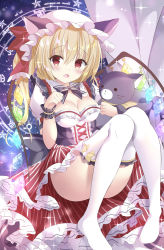 Rule 34 | 1boy, 1girl, :o, alternate costume, animal ears, black bow, blonde hair, blush, bow, bow legwear, bowtie, breasts, cat ears, cat girl, cleavage, commentary request, convenient leg, corset, crystal, curtains, detached collar, ears through headwear, fang, flandre scarlet, frilled skirt, frilled thighhighs, frills, glowing, hat, hat ribbon, kemonomimi mode, knees together feet apart, knees up, long hair, looking at viewer, magic circle, medium breasts, mob cap, no shoes, open mouth, paw pose, pigeon-toed, puffy short sleeves, puffy sleeves, red eyes, red ribbon, red skirt, ribbon, short sleeves, side ponytail, sitting, skirt, solo, sparkle, striped clothes, striped skirt, stuffed animal, stuffed cat, stuffed toy, tenshi china, thighhighs, thighs, touhou, vertical-striped clothes, vertical-striped skirt, white thighhighs, wings, wrist cuffs, yellow bow