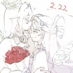 Rule 34 | ascot, blush, bouquet, bow, bowtie, closed eyes, closed mouth, crown, dated, flower, greyscale, hair bow, hair intakes, hand on another&#039;s arm, hand on another&#039;s head, hao02909434040, heart, highres, holding, holding bouquet, kiratto pri chan, kiss, kissing forehead, long hair, luluna (pri chan), monochrome, pretty series, red flower, red rose, rose, smile, solulu, spot color, sweatdrop, upper body