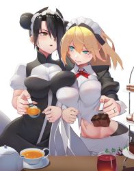 Rule 34 | 2girls, absurdres, agent (girls&#039; frontline), anger vein, aqua eyes, artist name, black hair, blonde hair, braid, breast press, breasts, brown eyes, check commentary, commentary, commentary request, cup, double bun, g36 (girls&#039; frontline), g36 (mod3) (girls&#039; frontline), girls&#039; frontline, hair between eyes, hair bun, hair over one eye, hebai xiaochuan, highres, jewelry, large breasts, long hair, looking at another, maid, maid headdress, medium hair, mod3 (girls&#039; frontline), multiple girls, navel, open mouth, parted lips, ring, saucer, short sleeves, standing, stomach, tea, teacup, teapot, teeth, white background