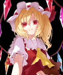 Rule 34 | 1girl, absurdres, ascot, black background, blonde hair, collarbone, commentary request, crystal, flandre scarlet, frilled shirt collar, frills, hair between eyes, hat, hat ribbon, highres, holding, holding stuffed toy, long hair, looking at viewer, mob cap, nekohashi, one side up, partial commentary, puffy short sleeves, puffy sleeves, red eyes, red ribbon, red vest, ribbon, shirt, short sleeves, simple background, solo, stuffed animal, stuffed toy, teddy bear, touhou, upper body, vest, white hat, white shirt, wings, yellow ascot
