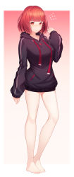 Rule 34 | 1girl, black hoodie, blunt bangs, bottomless, breasts, brown hair, commentary request, frown, full body, gem, highres, holding, holding jewelry, holding ring, hood, hoodie, jewelry, ju-ok, large breasts, long sleeves, looking at viewer, red eyes, ring, short hair, slit pupils, solo, standing