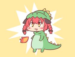 Rule 34 | 1girl, animal ears, black bow, bow, braid, breath weapon, breathing fire, brown background, cat ears, chibi, commentary request, dinosaur costume, ears down, fire, full body, hair bow, hair ribbon, highres, kaenbyou rin, long hair, maitora, orange eyes, red hair, ribbon, simple background, solo, standing, touhou, tress ribbon, twin braids, v-shaped eyebrows