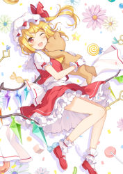Rule 34 | 1girl, 6u (eternal land), ankle cuffs, ascot, bad id, bad pixiv id, blonde hair, blush, candy, fang, flandre scarlet, flower, food, frilled skirt, frills, gloves, hat, hat ribbon, lollipop, looking at viewer, lying, mob cap, on side, one eye closed, open mouth, puffy short sleeves, puffy sleeves, red eyes, red footwear, red ribbon, red skirt, ribbon, shoes, short sleeves, side ponytail, skirt, skirt set, smile, socks, solo, stuffed animal, stuffed toy, teddy bear, touhou, vest, white gloves, white socks, wings