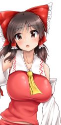 Rule 34 | 1girl, arm ribbon, ascot, bad id, bad twitter id, blush, bow, breasts, brown eyes, brown hair, collarbone, detached sleeves, female focus, frilled bow, frills, hair bow, hair tubes, hakurei reimu, hydrant (kasozama), large breasts, looking at viewer, midriff, open mouth, red skirt, ribbon, short hair, simple background, skirt, sleeveless, solo, sweatdrop, touhou, white background