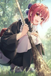 Rule 34 | 1girl, :d, apron, bamboo broom, black kimono, blurry, bow, broom, dappled sunlight, day, depth of field, frilled apron, frills, grass, hair bow, hand on own knee, hands up, head tilt, highres, holding, holding broom, japanese clothes, kimono, kohaku (tsukihime), looking at viewer, maid, mkr (wepn3428), open mouth, orange eyes, outdoors, pink hair, sandals, short hair, smile, solo, squatting, sunlight, tabi, tree, tsukihime, wa maid, wide sleeves, zouri