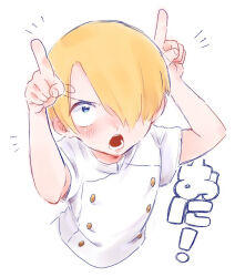 Rule 34 | 1boy, aged down, arms up, blonde hair, blue eyes, blush, buttons, chef, commentary, cropped torso, curly eyebrows, frown, horns pose, kurimaron, male focus, one piece, open mouth, sanji (one piece), shirt, short hair, simple background, solo, teeth, translated, white background, white shirt