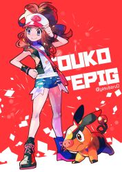 1girl black_footwear blue_eyes brown_hair creatures_(company) game_freak gen_5_pokemon hat highres hilda_(pokemon) nintendo pokemon pokemon_masters_ex ponytail short_shorts shorts sleeveless sleeveless_jacket tepig yasubaru