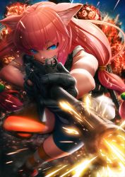 Rule 34 | 1girl, animal ear fluff, animal ears, bike shorts, blue eyes, cat ears, commentary, evil grin, evil smile, explosion, firing, firing at viewer, gloves, grin, gun, hair between eyes, highres, hinata channel, imizu (nitro unknown), long hair, messy hair, nekomiya hinata, pink hair, shorts, sleeveless, smile, solo, striped clothes, striped thighhighs, thighhighs, virtual youtuber, weapon, weapon on back
