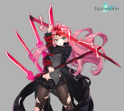 Rule 34 | 1girl, ahoge, aqua eyes, black coat, black shorts, breasts, brown pantyhose, buttons, chii aruel, coat, dress shirt, dual wielding, eyewear on head, facial mark, floating hair, grey shirt, highres, holding, holding sword, holding weapon, lightning, lim jaejin, long hair, long sleeves, looking at viewer, medium breasts, micro shorts, midriff peek, multiple swords, official art, open clothes, open coat, open fly, open mouth, pantyhose, pink hair, shirt, shorts, solo, soulworker, standing, sunglasses, sword, thighs, torn clothes, torn coat, torn pantyhose, v-shaped eyebrows, very long hair, weapon, wristband