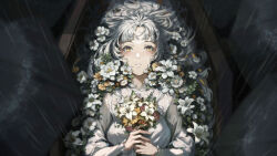 Rule 34 | 1girl, artist request, bouquet, character request, coffin, copyright request, flower, highres, lily (flower), long hair, long sleeves, looking at viewer, lying, night, non-web source, parted lips, rain, shirt, solo, source request, white hair, white shirt, yellow eyes