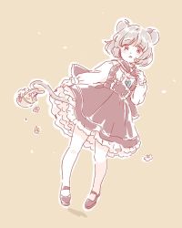 Rule 34 | 1girl, adapted costume, alternate costume, animal, animal ears, basket, blush, bow, flower, frills, full body, grey hair, jewelry, long sleeves, looking at viewer, mary janes, mitsumoto jouji, mouse (animal), mouse ears, mouse tail, nazrin, necklace, pantyhose, parted lips, petticoat, red eyes, shirt, shoes, short hair, simple background, skirt, solo, tail, touhou