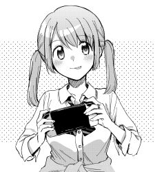 Rule 34 | 1girl, :p, bow, bowtie, buttons, closed mouth, clothes around waist, diagonal-striped bow, diagonal-striped bowtie, diagonal-striped clothes, fuji fujino, greyscale, handheld game console, highres, holding, holding handheld game console, janomiya school uniform, jewelry, kasane ao, looking at viewer, loose bowtie, low twintails, magia record: mahou shoujo madoka magica gaiden, mahou shoujo madoka magica, medium hair, monochrome, nintendo switch, open collar, ring, school uniform, sidelocks, sleeve cuffs, sleeves past elbows, smile, solo, striped clothes, swept bangs, tongue, tongue out, twintails, upper body
