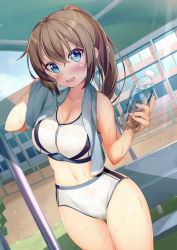 Rule 34 | 1girl, blue eyes, bottle, breasts, brown hair, buruma, cleavage, highres, large breasts, long hair, looking at viewer, navel, open mouth, original, outdoors, ponytail, smile, solo, sports bikini, sports bra, sweat, thigh gap, thighs, to kifa, towel, water bottle, white buruma, white sports bra, wiping, wiping face